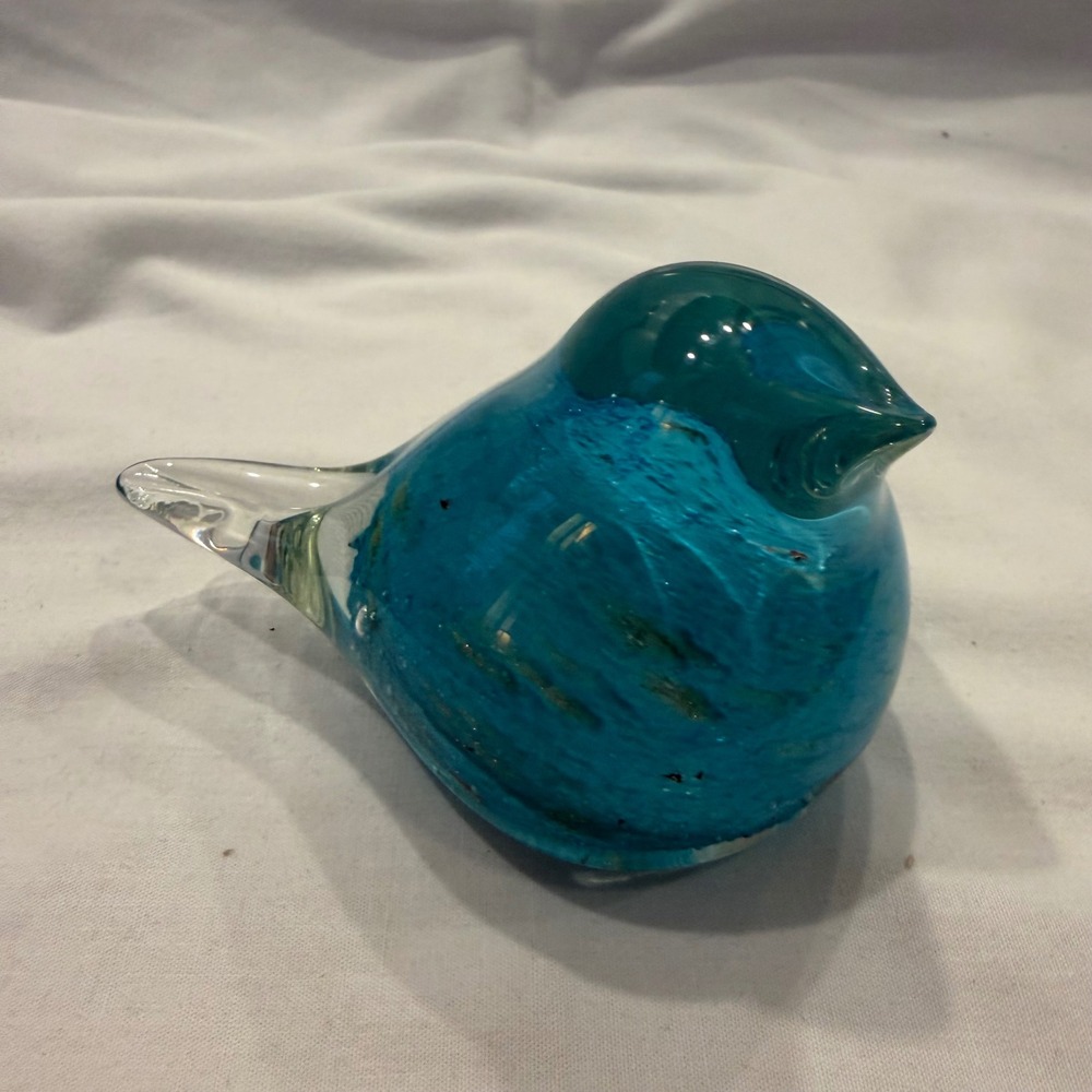 Hand Blown Art Glass Bird Figurine Turquoise Blue Gold Fleck Paperweight 4in